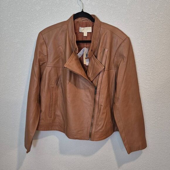 Michael Kors Women's Plus 3X Brown Leather Moto Jacket - Picture 1 of 7